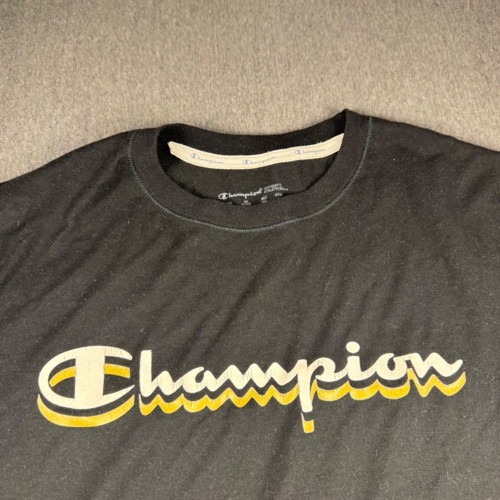 Champion Mens Long Sleeve T-Shirt Black Script Logo Graphic Tee‎ 3XL